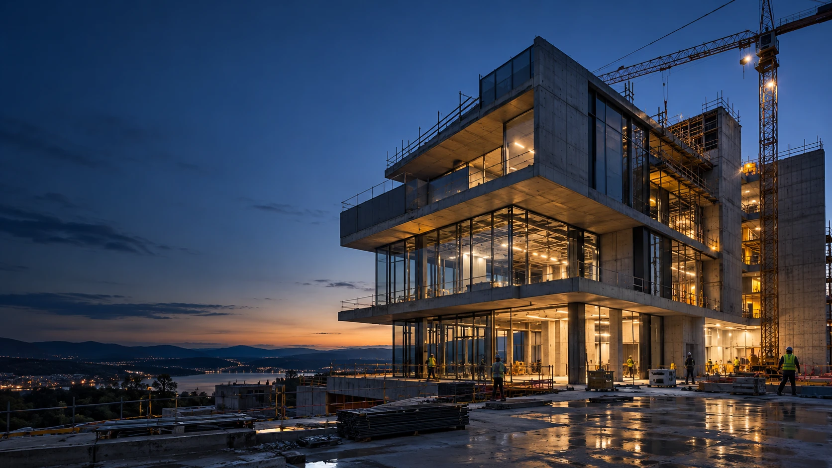 Edificio en construcción al atardecer, obra ejecutada por Constru North
